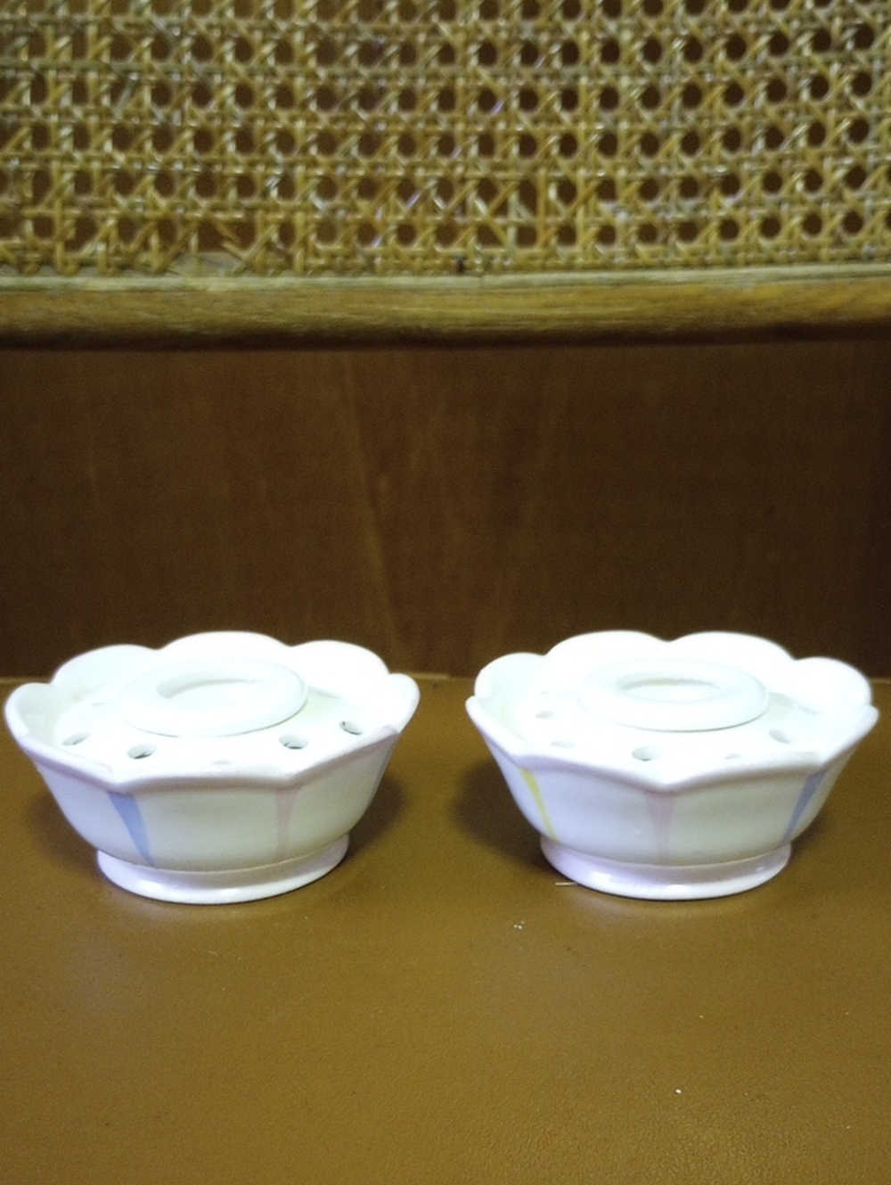 Holthowa Vintage 1958 Striped Taper Candle Holders. White Pink Blue Yellow